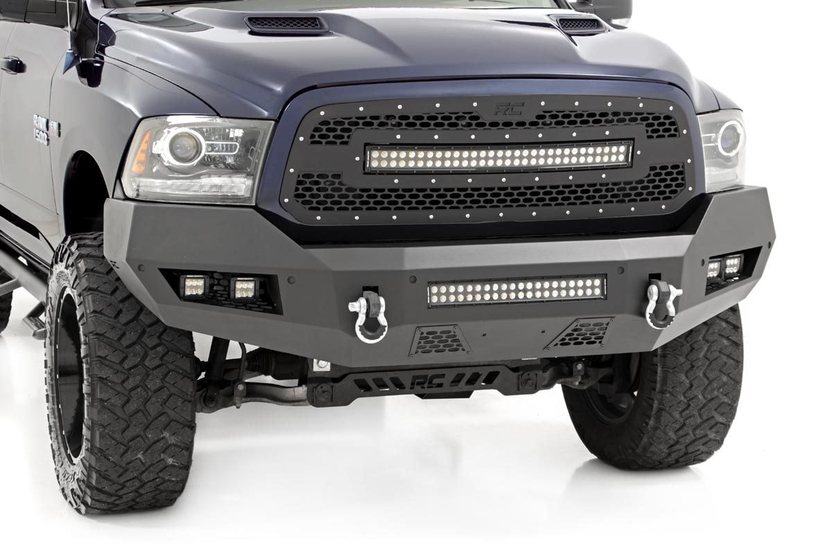 Ram 1500 Classic Front Bumper - Rough Country - LED Bumper with 2in LED Cubes and 20in LED Light Bar - Flat Black - '19-'23